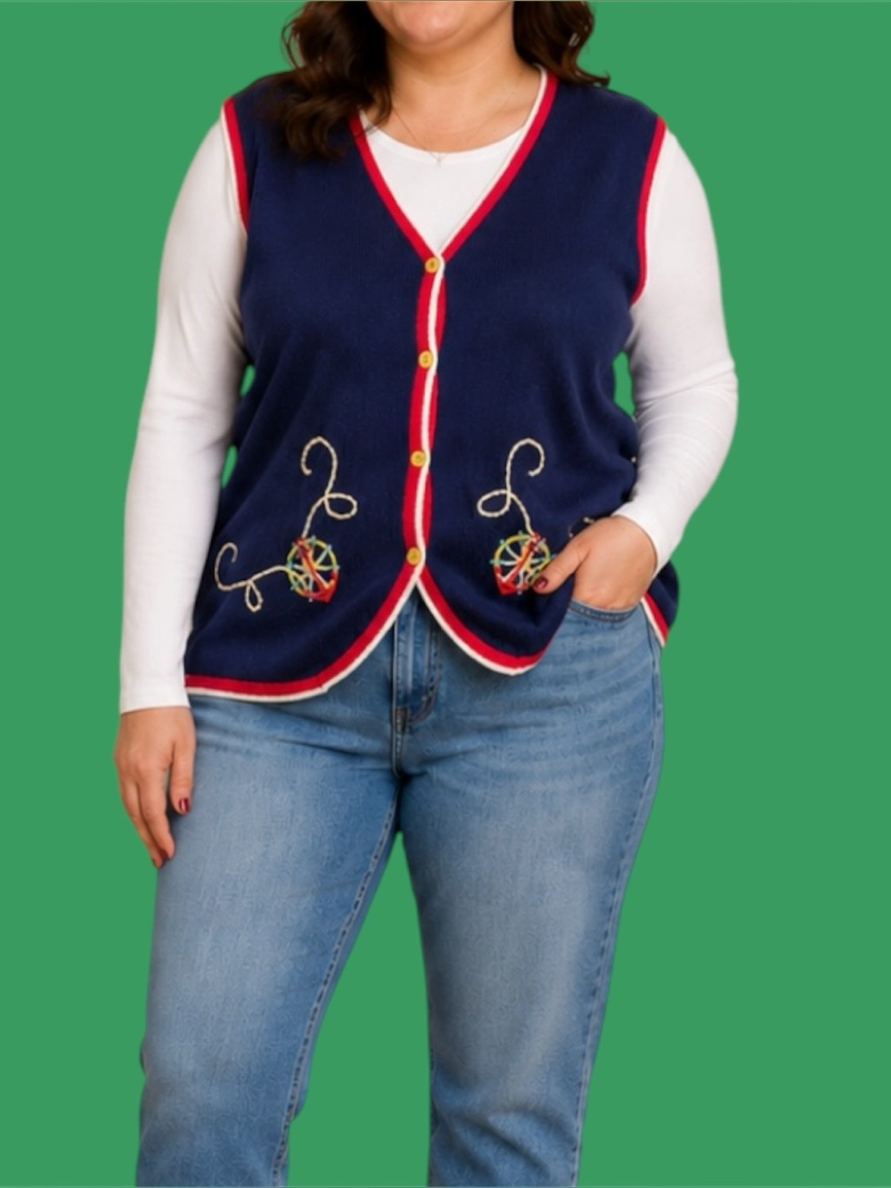 Nautical Themed Embroidered Koret Francisca Button Up Sweater Vest Cardigan
